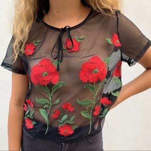 Black see-through blouse with rose design